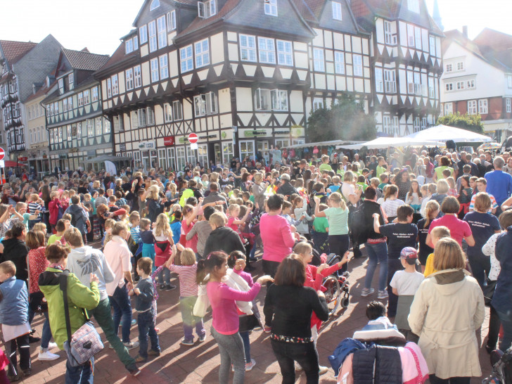 Viele hundert Schüler, Kinder, Eltern und Lehrer tanzten am Vormittag in der Fußgängerzone. Fotos: Anke Donner 