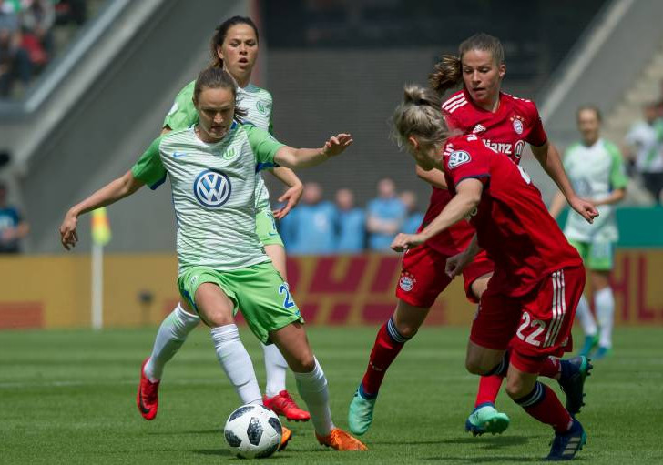 Gegen stark verteidigende Münchenerinnen setzte sich der VfL durch den Treffer von Caroline Hansen (li.) am Ende im Elfmeterschießen durch. Foto: imago/foto2press