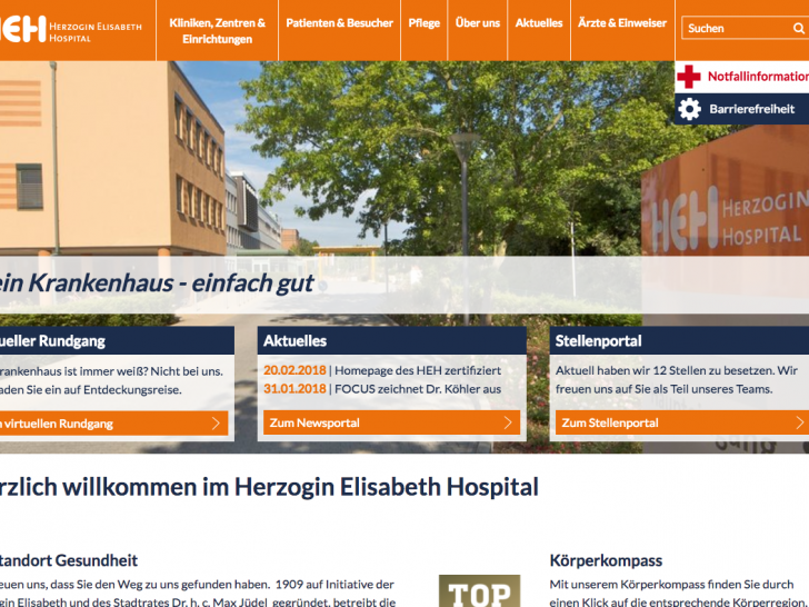 Die Internetseite des HEH ist als besonders patientenfreundlich zertifiziert worden. Screenshot: Nick Wenkel