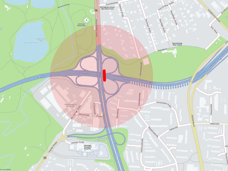 Das Kreuz Süd. Rot eingezeichnet, wo eine mögliche Behelfsbrücke gebaut werden könnte. Karte: maps4news.com/©HERE