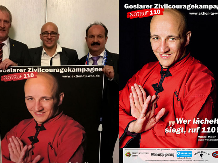 Schilff und Koschig stellen GZK-Aktionsplakat des Kampfsportasses in Rheine vor. Foto: GZK; Plakat: Heike Göttert