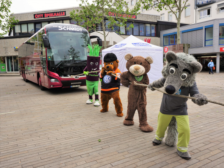 Die Maskottchen versuchen sich auch im Buspulling. Foto: WMG Wolfsburg