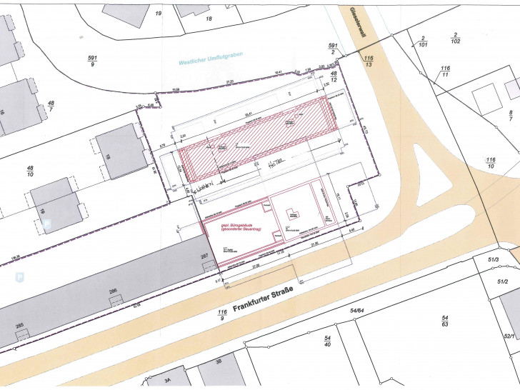Der Lageplan mit dem Vorhaben (rot schraffierte Fläche). Die Bauverwaltung beabsichtig, die Bauanträge zu genehmigen, wenn Detailfragen geklärt sind. Grafik Stadt Braunschweig