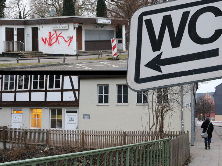Der Abriss des alten Kiosk-Gebäudes, nebst Toilettenanlage (Foto oben), wurde am Dienstagabend im Bauausschuss empfohlen. Und auch für die Öffentliche Toilette in der ehemaligen Landwirtschaftsschule soll es keine Zukunft geben. Fotos: Werner Heise