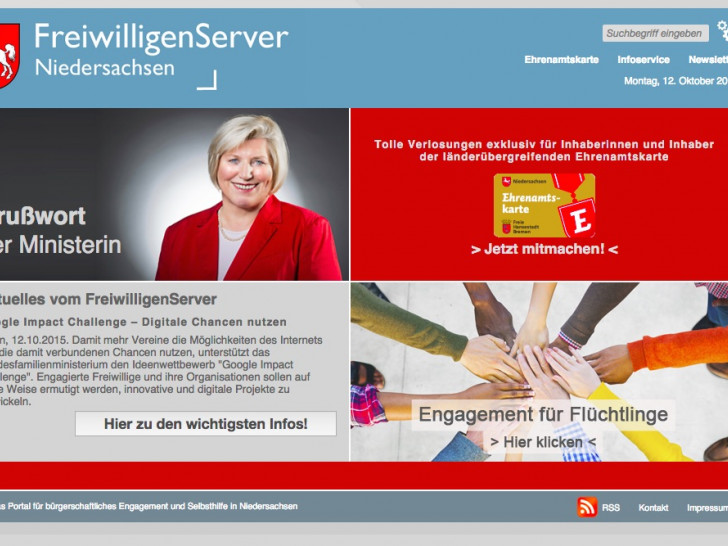 Niedersachsens Sozialministerin Cornelia Rundt (SPD) hat heute die Freiwilligenbörse www.freiwilligenserver.de zur Flüchtlingshilfe freigeschaltet. Foto: Screenshot/ www.freiwilligenserver.de