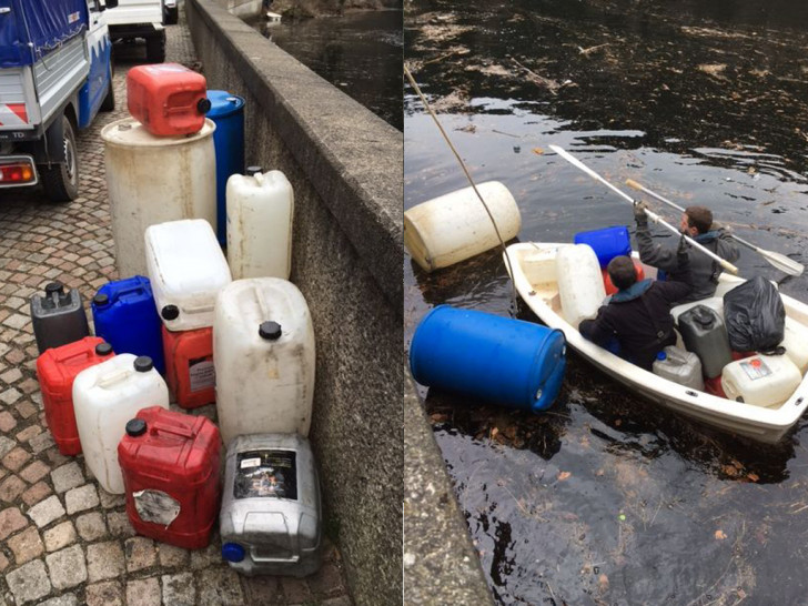 Kanister mit dem Fassungsvermögen von 20 Litern, in den Farben rot, blau , grau und weiss sowie zwei Tonnen mit Fassungsvermögen 200 Liter, in den Farben weiss und blau und ein 60 Liter-Kanister wurden von Mitarbeitern der Harzwasserwerke aus der Okertalsperre gefischt. Fotos: Polizeiinspektion Goslar 