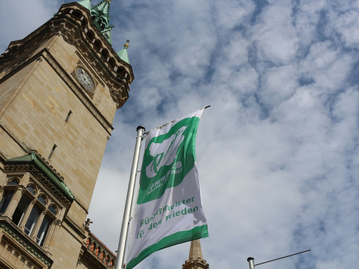 Vor dem Rathaus weht eine Flagge für eine atomfreie und friedliche Welt. Foto: Robert Braumann
