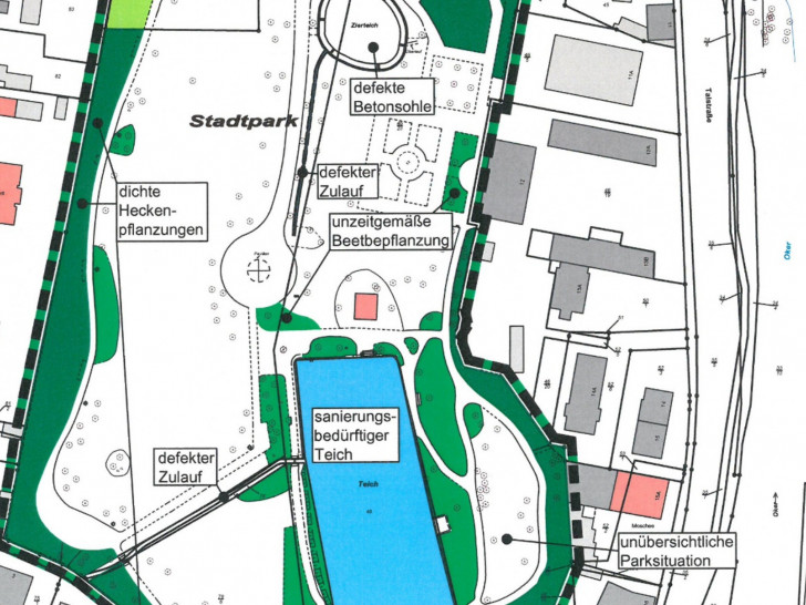 Ein Ausschnitt des Bestandsplanes zeigt: Im Stadtpark Oker stehen einige Maßnahmen auf der Agenda. Grafik: Stadt Goslar