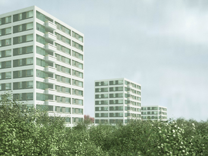 Wohnen am Kurt-Schumacher-Ring, Die abgetreppten Hochpunkte zeichnen die Silhouette des Stufenhochhauses nach. Entwurf: Bayer & Strobel Architekten, Kaiserslautern