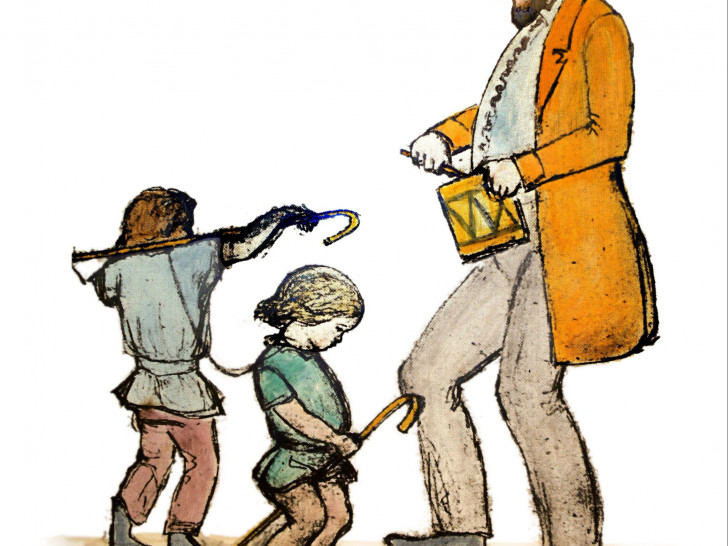 Hoffmann spielt und tanzt mit Kindern, Skizze von Philipp Nathusius, koloriert von Daniela Guntner, um 1845. Foto: Hoffmann-von-Fallerleben-Museum