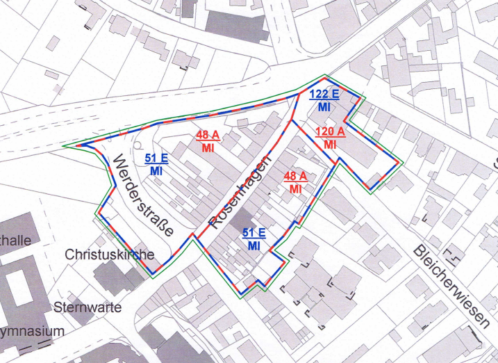 Die Karte zeigt die Erfassung des Straßenzuges Rosenhagen und die verschiedenen Bodenrichtwertzonen. Karte: Stadt Peine