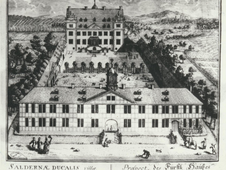 Schloss Salder mit dem Sitz des Gerichtes um 1730, Stich von Anton August Beck. Foto: Stadt Salzgitter