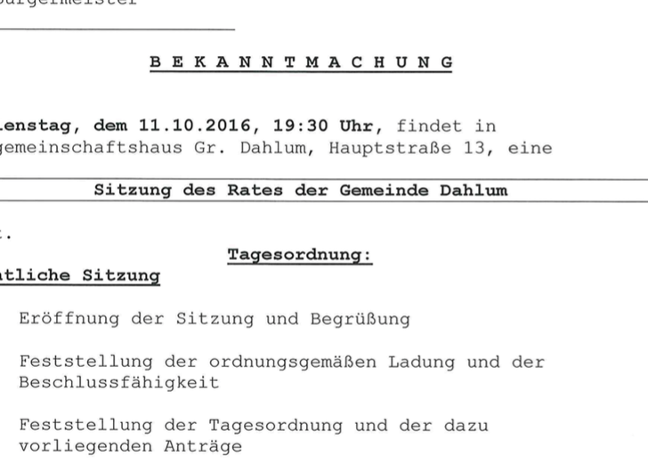 Am. Oktober tagt der Gemeinderat in Dahlum. Foto: 