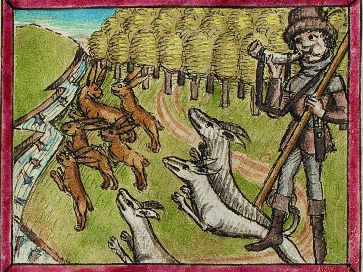 Wolfenbütteler Priamelhandschrift. Ausschnitt aus Boners Edelstein mit Hasenjagd, um 1450. Foto: HAB