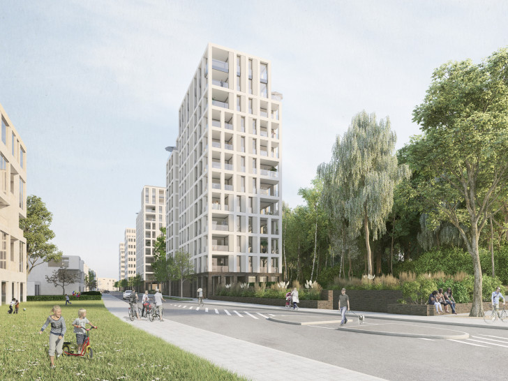 Die beiden exponierten Wohngebäude bilden zukünftig das westliche Entree des Wohnquartiers Hellwinkel Terrassen. Grafik: Revitalis