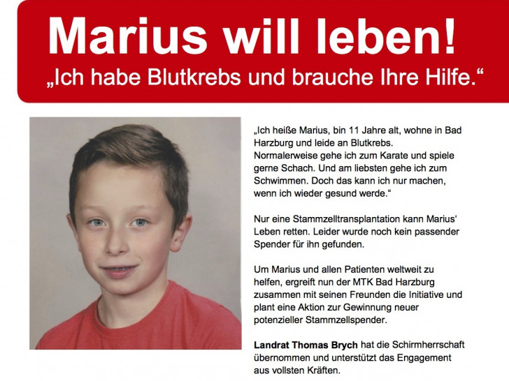 Der elfjährige Marius braucht dringend eine Stammzelltransplantation. Dazu findet am Samstag eine Typisierungs-Aktion in Bad Harzburg statt. Foto. MTK Bad Harzburg/DKMS