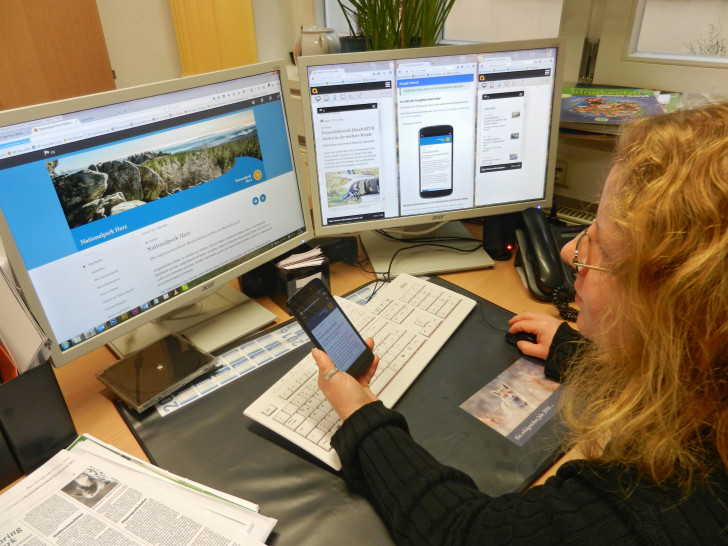 Nationalpark-Mitarbeiterin Mandy Gebara testet die neue Internetseite des Nationalparks Harz auf www.nationalpark-harz.de mit verschiedenen Geräten. Foto Juliane Hentze.