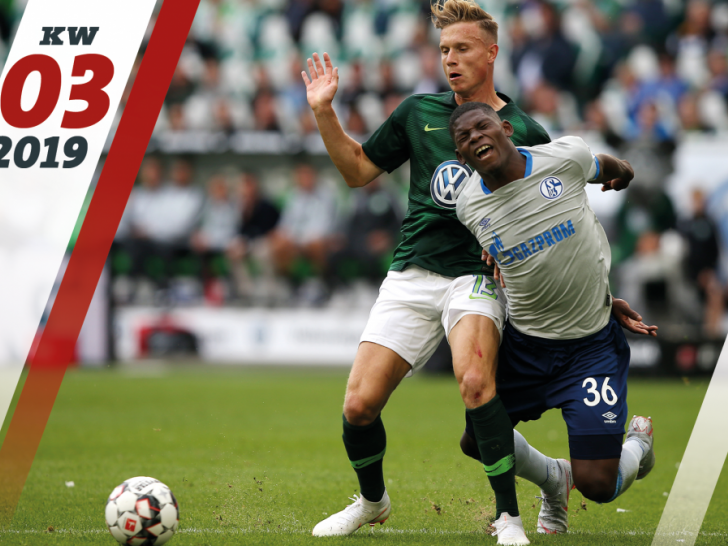 Das wird wieder ein enger Tanz zwischen Yannick Gerhardt (VfL Wolfsburg) und Breel Embolo (Schalke 04). Foto: Agentur Hübner