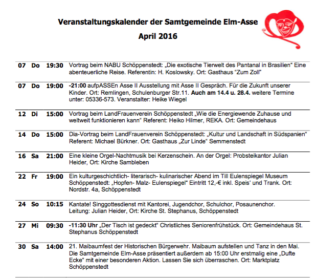 Veranstaltungskalender der Samtgemeinde Elm-Asse für April. Foto: Privat