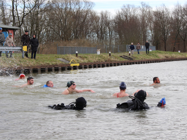 Sieben Schwimmer der DLRG-Ortsgruppe Braunschweig überquerten bei 6,4 Grad Wassertemperatur den Mittellandkanal. Fotos: Max Förster