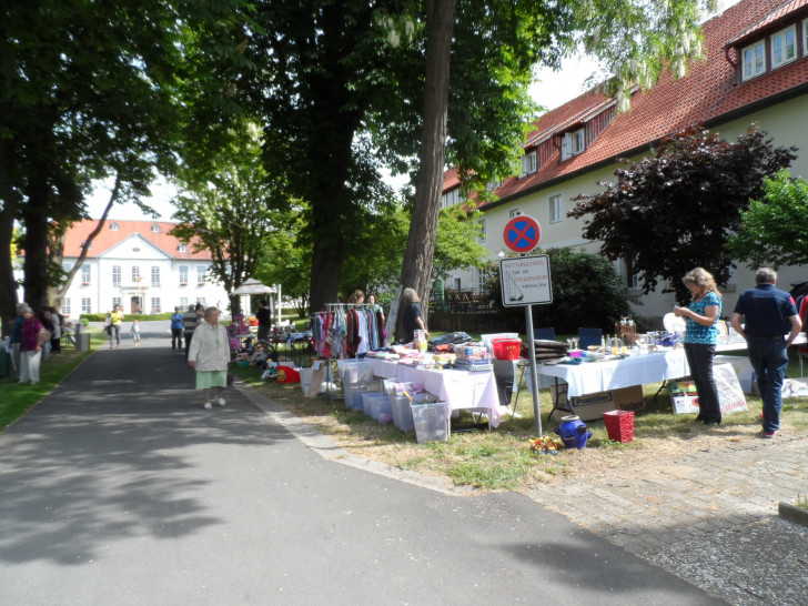 Die Schloßstraße mit Besuchern und Verkaufsständen beim diesjährigen Schliestedt Dorf- und Reiterflohmarkt.
