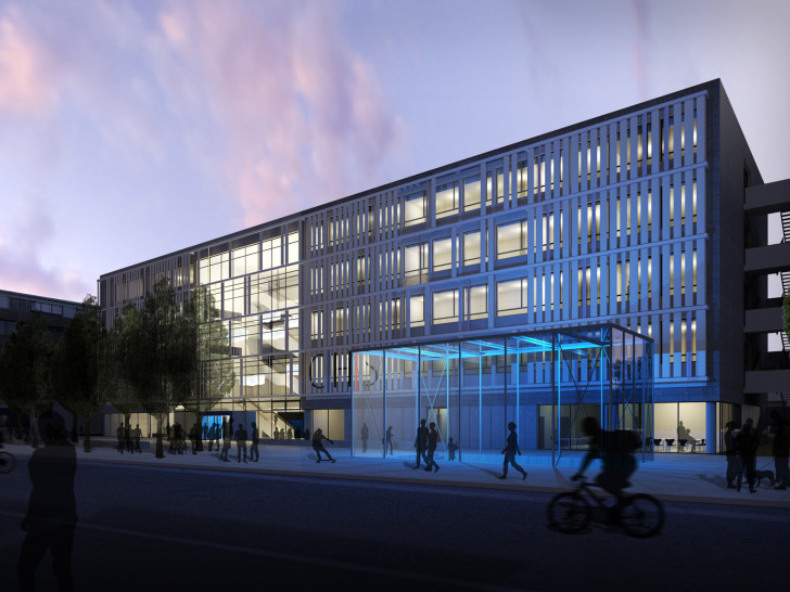 Nachtansicht der Carl-Hahn-Schule, Eingangssituation am Schachtweg. Visualisierung: pbr Eustrup Architekten GmbH.