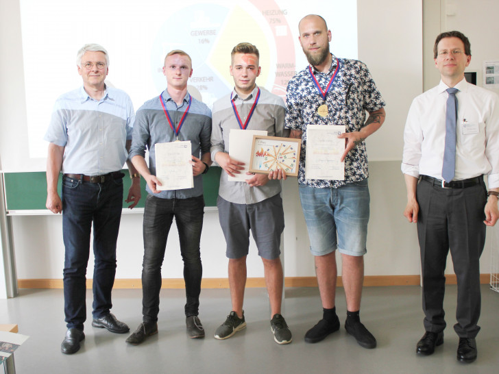 Die Gewinner des 1. Platzes des diesjährigen Cooling & Heating Awards und die Jury:
(v.l.n.r.) Prof. Dr. Benno Lendt, Pascal Beck, David Jankel, Dominik Trautmann, Prof. Dr. Henning Zindler

Foto: Ostfalia