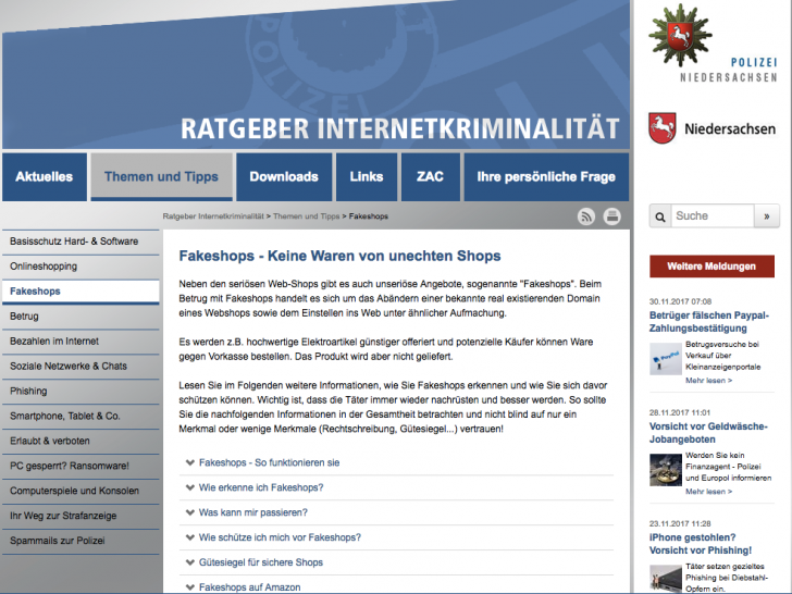 Die Polizei Niedersachsen hat iInformationen zum Thema "Fakeshops" zusammengetragen. Screenshot: Eva Sorembik