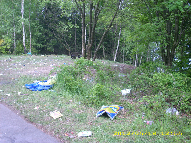 Die Feiern am Himmelfahrtstag 2012 hinterließen vor allem an der Granetalsperre ein Bild der Verwüstung. Neben zurückgelassenem Müll wurden auch Wanderschilder zerstört. Archivfoto: Polizei