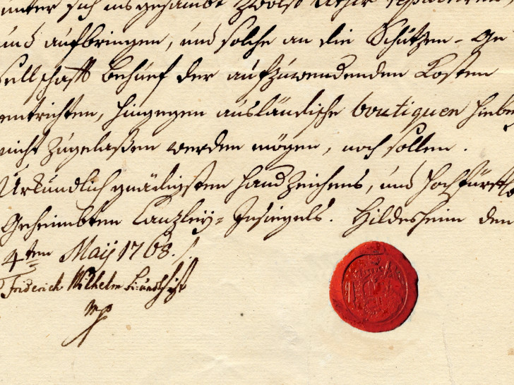 Ein Ausschnitt der Resolution von Bischof Friedrich-Wilhelm von 1768. Foto: Stadtarchiv Peine