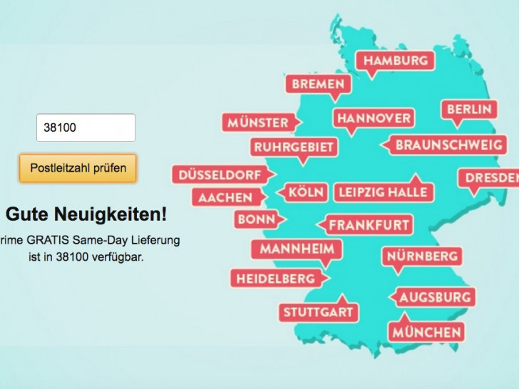 Braunschweig wurde jetzt ins Liefergebiet der Same-Day Bestellungen mit aufgenommen. Screenshot: Amazon Website