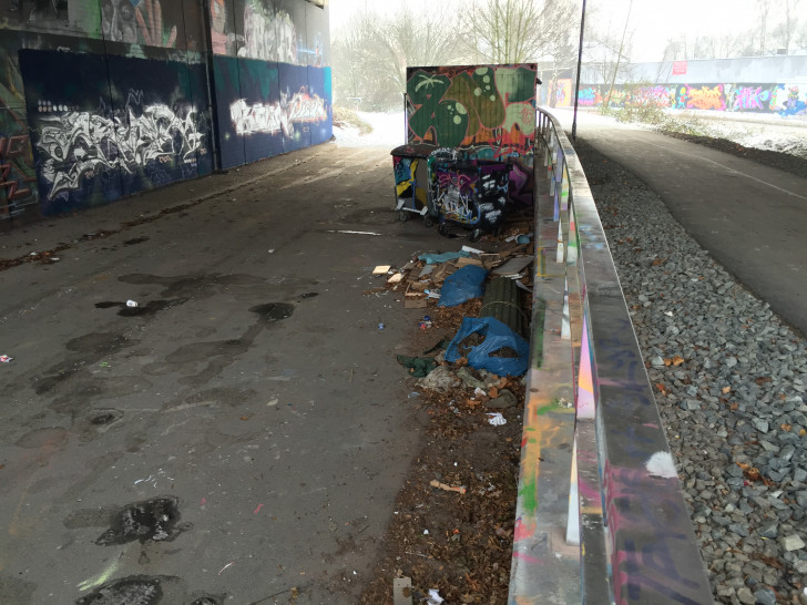Müll sammelt sich an der Graffiti-Brücke. Foto: Robert Braumann