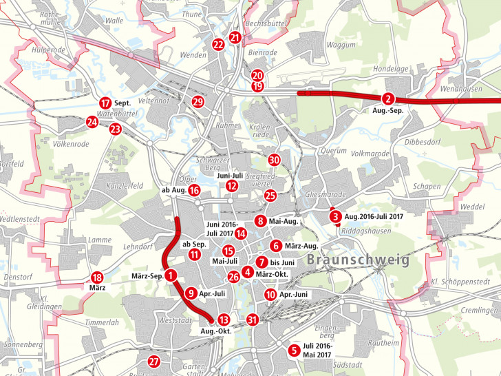 An diesen Stellen wird 2016 gebaut, die Erläuterungen zu den Zahlen, finden Sie am Ende des Textes. Foto: Stadt Braunschweig