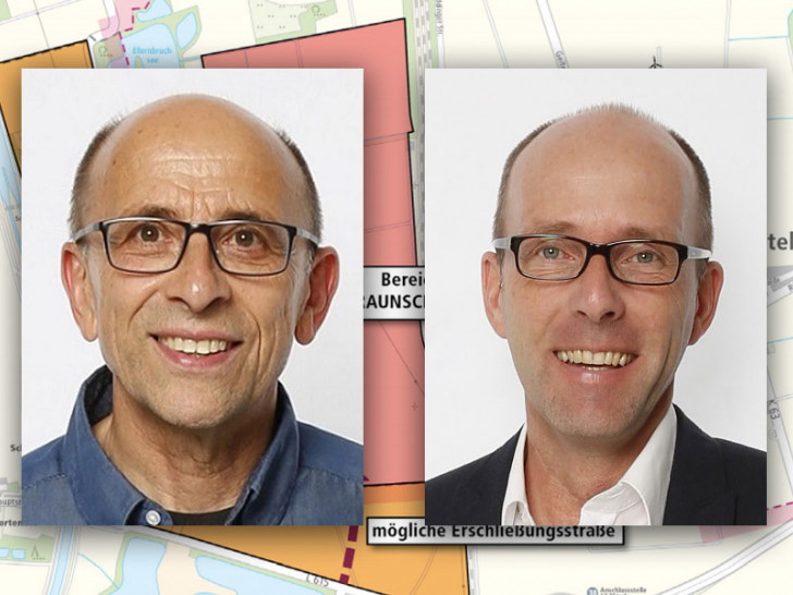 Dr. Dr. Wolfgang Büchs und Niels Salveter BIBS vor der Karte des geplanten Gewerbegebiets Fotos: BIBS; Karte: Stadt Braunschweig, Stadt Salzgitter