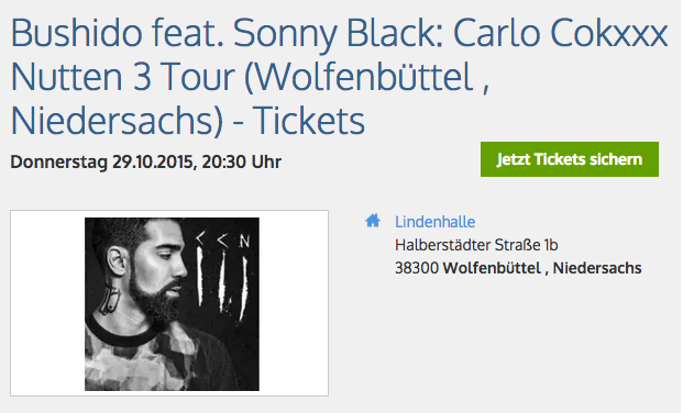 Ein Inernetportal kündigt ein Konzert von Bushido in Wolfenbüttel an. Die Stadt Wolfenbüttel dementiert. Screenshot: meinestadt.de