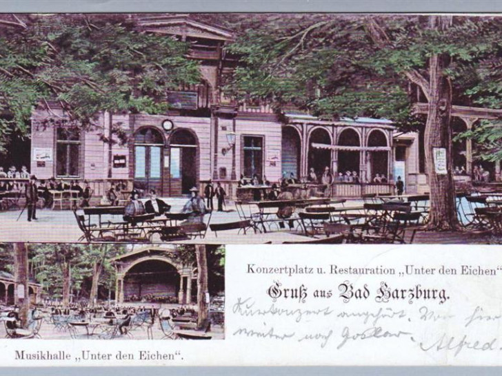 Die alten Arkaden am Burgberg, heute überbaut durch die Bundesstraße 4, nachdem der Kurpark in Richtung Radau verschoben wurde, historische Postkarte, Foto: Hersteller