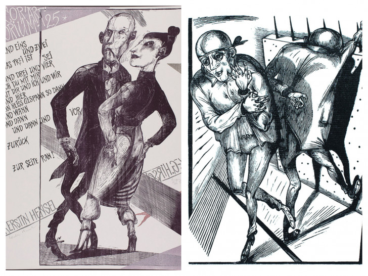Links: Karl-Georg Hirsch/Kerstin Hensel, COR-ART-ORIUM 25. Rechts: Karl-Georg Hirsch, Holzschnitt aus Friss die Reste des Vergessens, burgart-presse, 2014. Fotos: VG Bild-Kunst, Bonn 2018