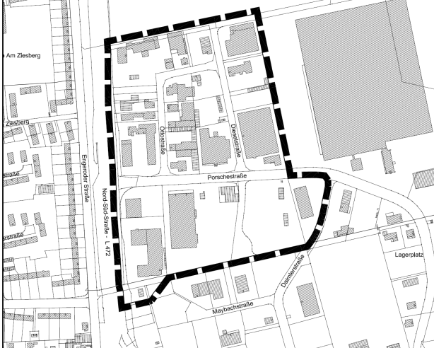 Die schwarze Linie zeigt die Grenze des räumlichen Geltungsbereichs des Bebauungsplans. Grafik: Stadt Salzgitter