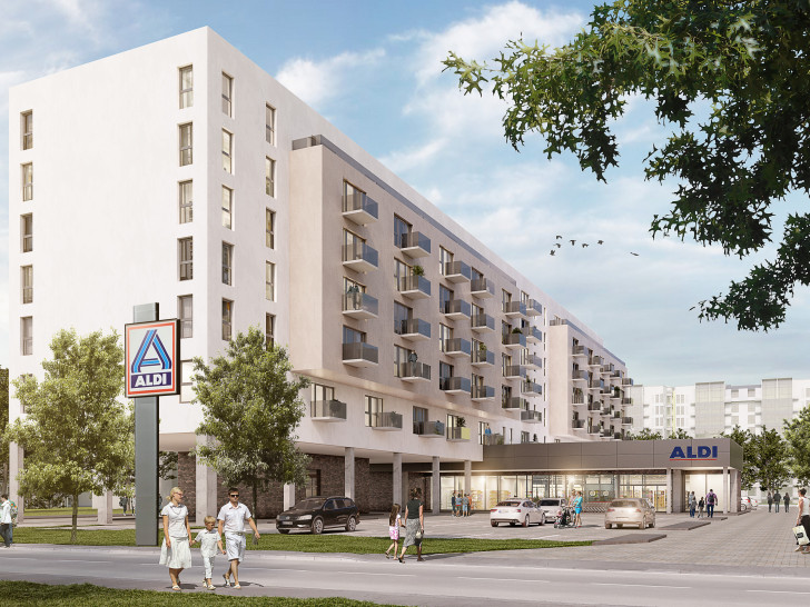 ALDI bietet in Zukunft auch Wohnungen an. Hier eine Visualisierung des Projekts in Berlin-Lichtenberg. Fotos: ALDI Nord