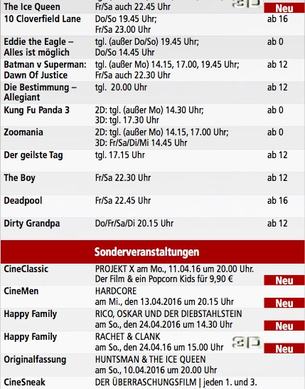 Kinoprogramm für die Kalenderwoche 14. Foto: Privat
