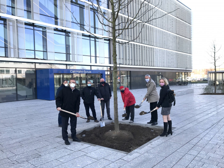 Oberbürgermeister Klaus Mohrs (vorne links) pflanzte mit Vertretern aus dem Sanierungsbeirat, der Politik und aus der Verwaltung einen Lederhülsenbaum. 
