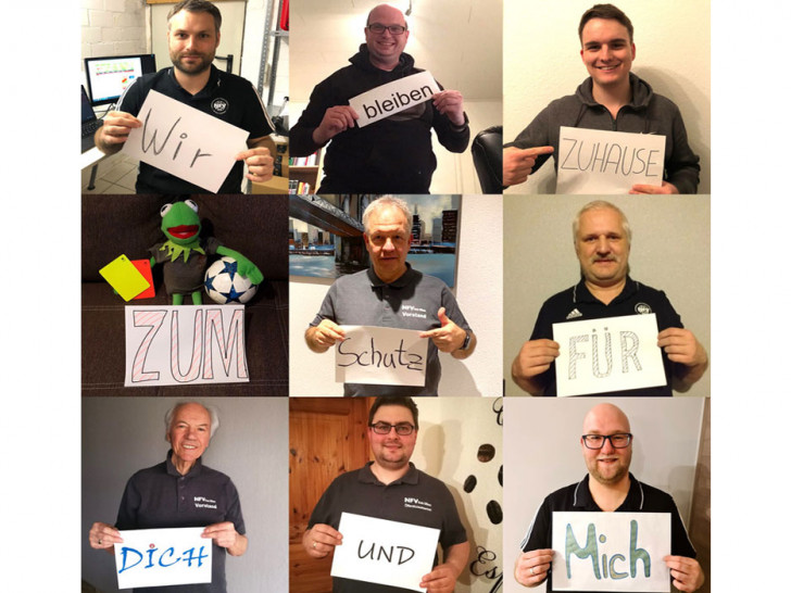 Für den NFV Kreis Gifhorn (von oben links nach unten rechts): Referent für Öffentlichkeitsarbeit Sven Bärensprung, Schiedsrichteransetzer Stefan Kalberlah, Schiedsrichteransetzer Jan-Niklas Mackus, Kermit der Frosch (Maskottchen des Kreisschiedsrichterausschuss), Kreisvorsitzender Ralf Thomas, Kreisjugendobmann Sven Stuhlemmer, Stellvertretender Kreisvorsitzender und Kreisehrenamtsbeauftragter Hans-Dieter Smilowski, eFootball-Beauftragter Steven Melzian, Schriftführer Kreisschiedsrichterausschuss Dennis Radke.