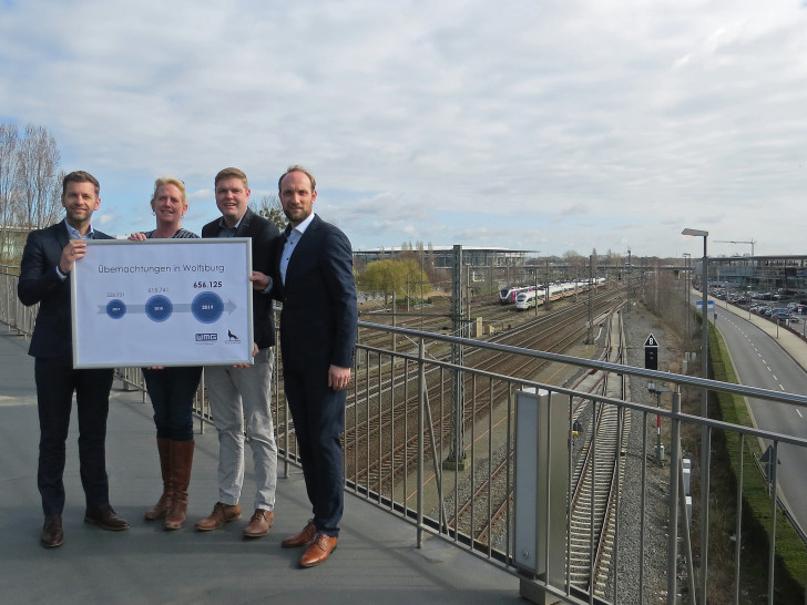 V.l.: Dennis Weilmann (WMG-Geschäftsführer), Melanie Perricone (Vorsitzende vom Dehoga-Kreisverband Wolfsburg-Helmstedt), Christoph Kaufmann (WMG-Bereichsleiter Tourismus) und Jens Hofschröer (WMG-Geschäftsführer).
