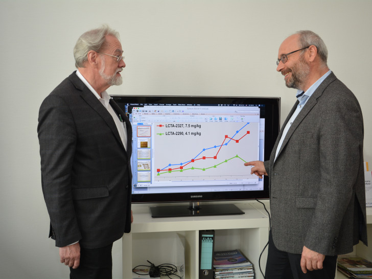 Firmengründer Prof. Dr. Edgar Wingender (links) und Geschäftsführer Dr. Alexander Kel diskutieren eine Auswertung.
