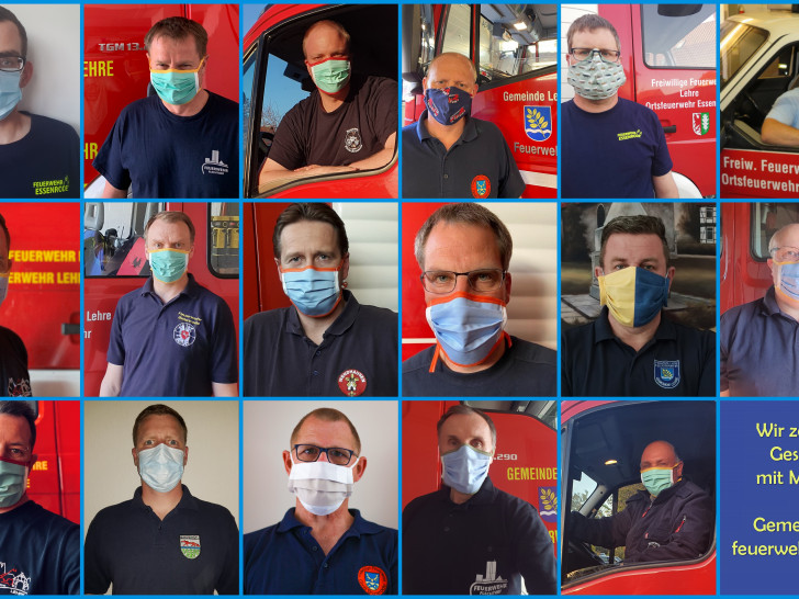 Die Feuerwehr zeigt Gesicht mit Maske.