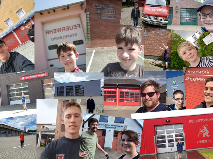 Die Selfies der Mitglieder vor dem Feuerwehrhaus.