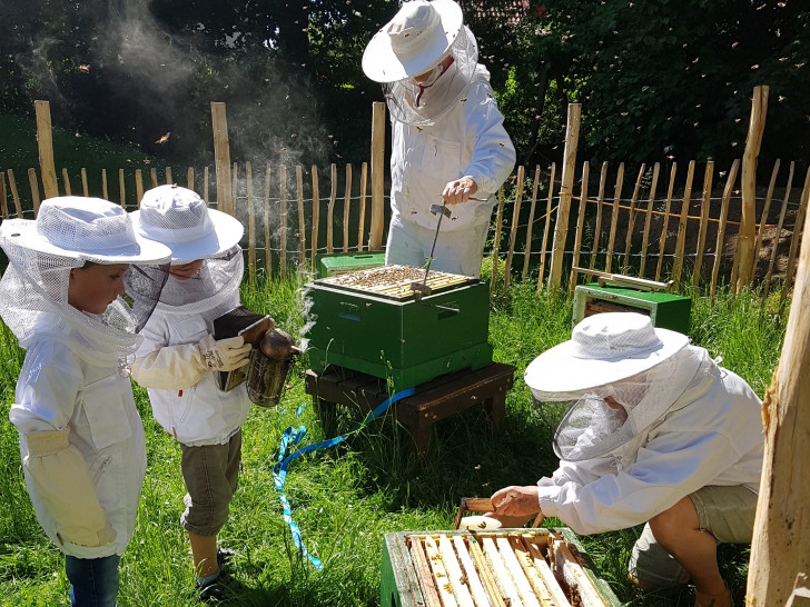 In Imker-Schutzkleidung dürfen die Kinder der Kita Hahndorf die erfahrenen Imker Bärbel und Michael Demuth bei der Arbeit mit den Bienen unterstützen.