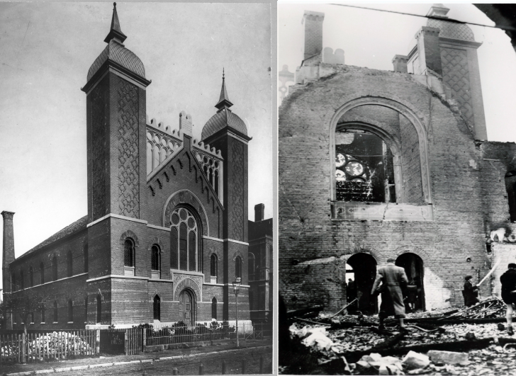 Die Synagoge vor und nach der Zerstörung durch die Nazis. 