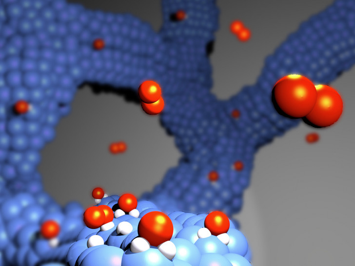 Die roten Kugeln stellen die Sauerstoffmoleküle dar. Diese werden auf der Katalysatoroberfläche (blaues poröses Gerüst aus blauen Kugeln) als  selbsttragende Platin-Katalysatoren zu Wasser umgeformt. Diesen Prozess nennt man Reduktion.