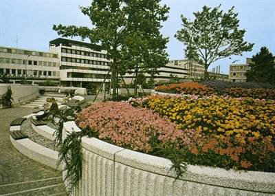 Postkarte des Rathausplatzes aus den 1980er Jahren. 